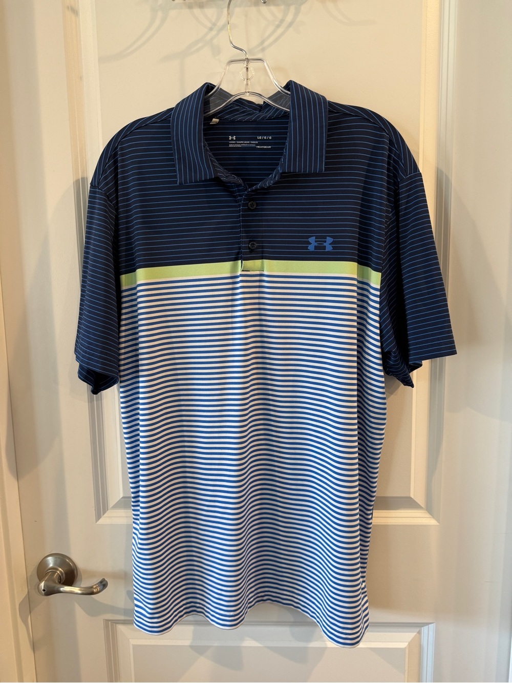 Under Armour Men's Navy, Lime & White Striped Polo - Heat Gear